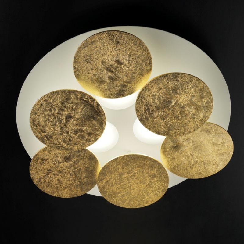 Round white LED ceiling lamp Nuvola with 6 golden rotating discs Ø:45cm
