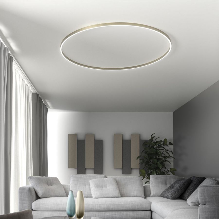 Large ring ceiling light Loop 200cm in brushed champagne, plasterboard ceiling mounting
