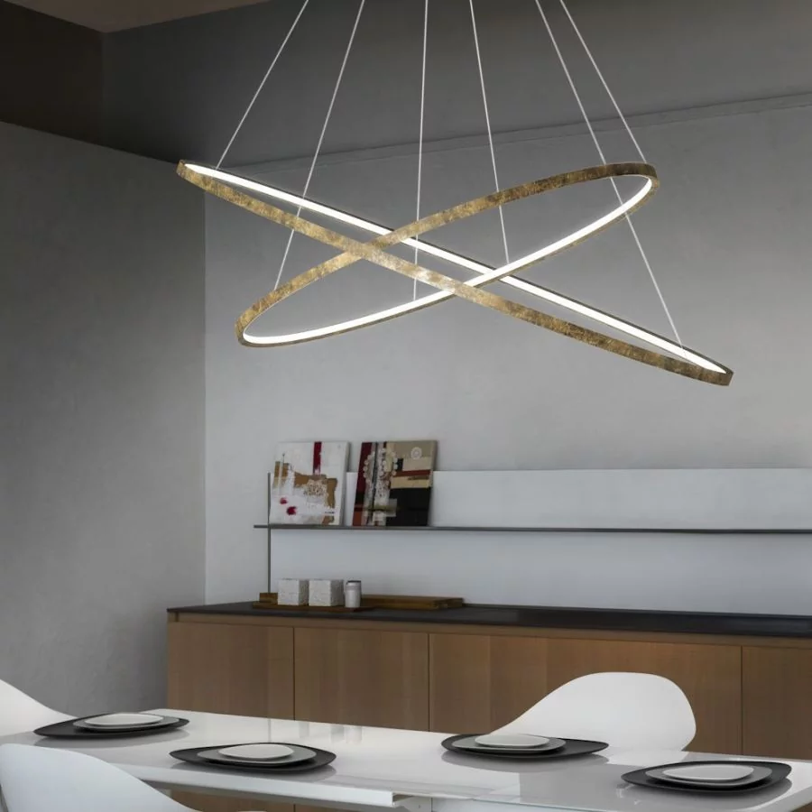 Two LED pendant lights Lumiluna in gold leaf length 105cm + 140cm